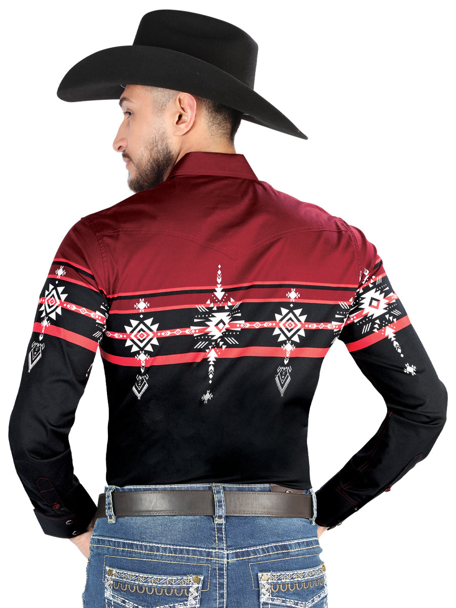 El Señor de los Cielos Western Pearl Snap Long Sleeve Shirt – Black/Burgundy – Style 44454