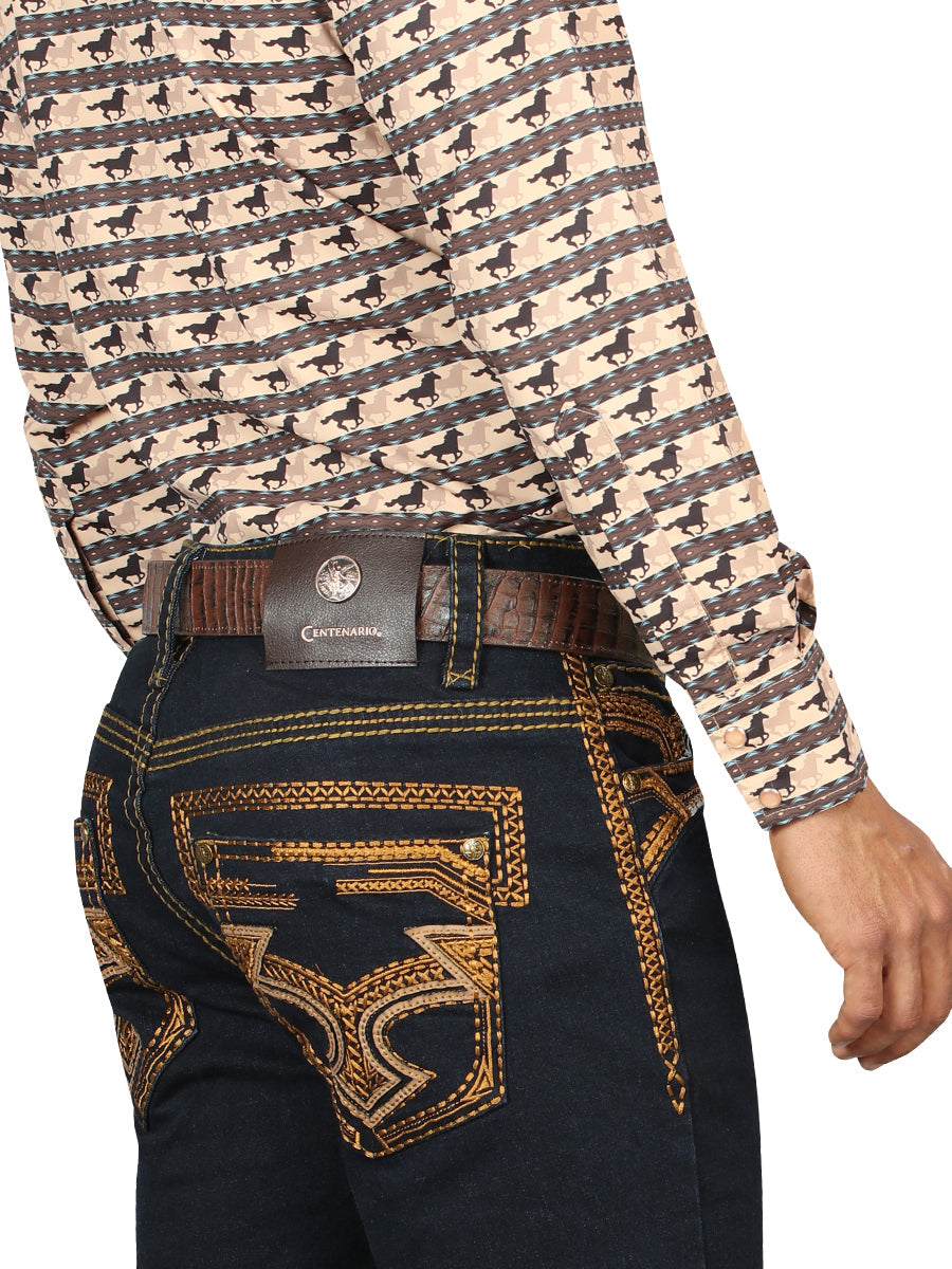 Centenario Men's Rinse Blue Denim with Gold Embroidered Details 45313