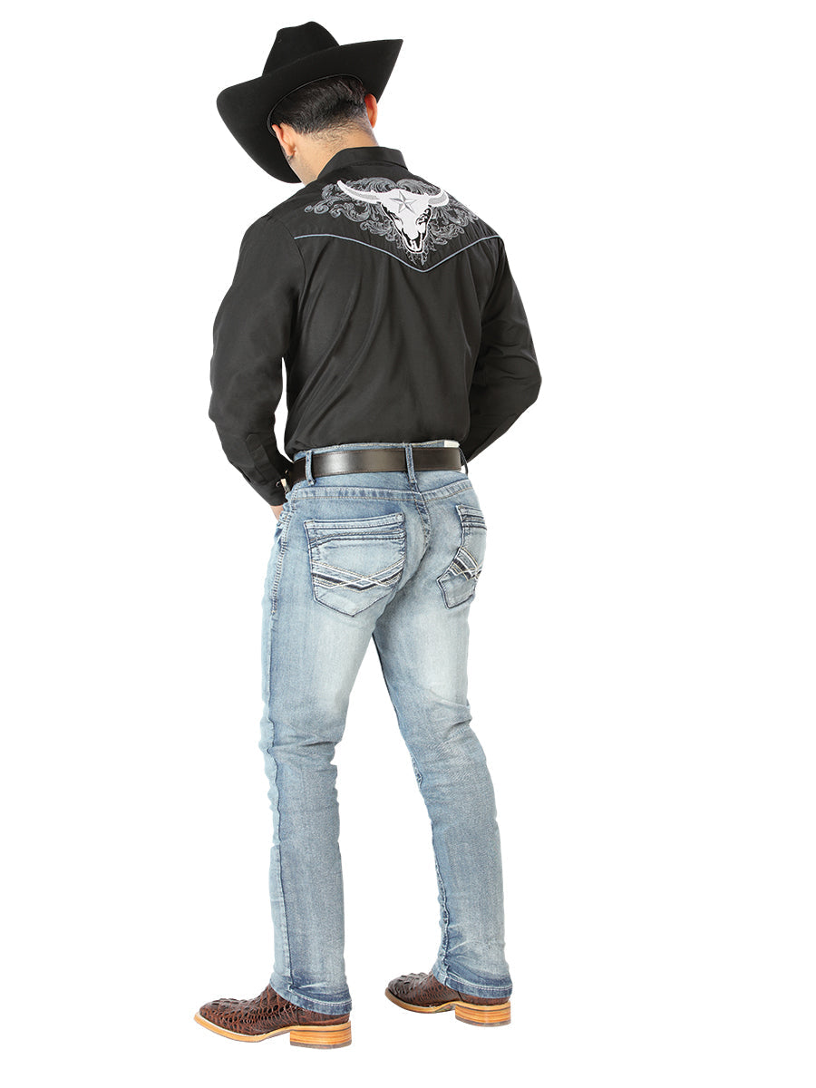 El Señor de los Cielos Traditional Charro Embroidered Western Shirt – Black/White – Style 126676