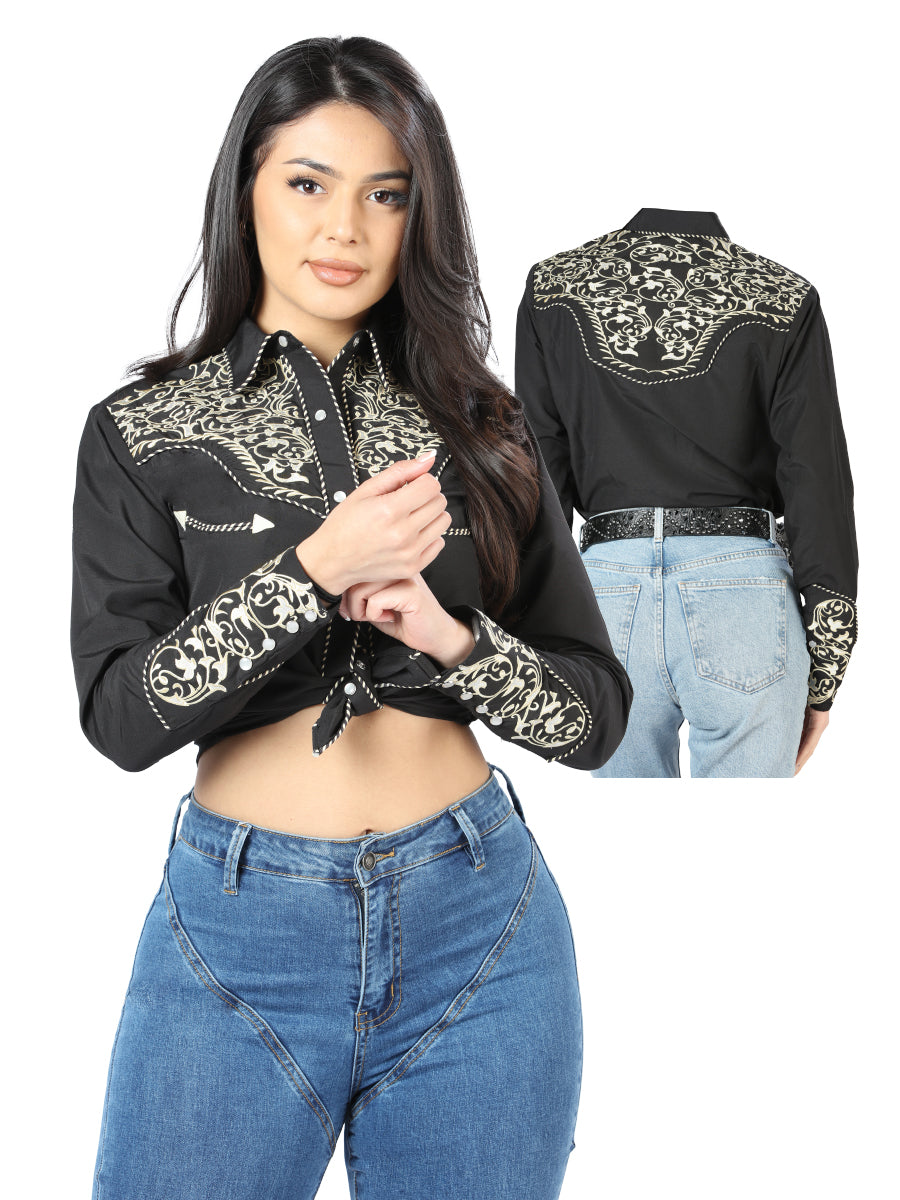 El Senor de los Cielos Women's Black Embroidered Western style Blouse 44190