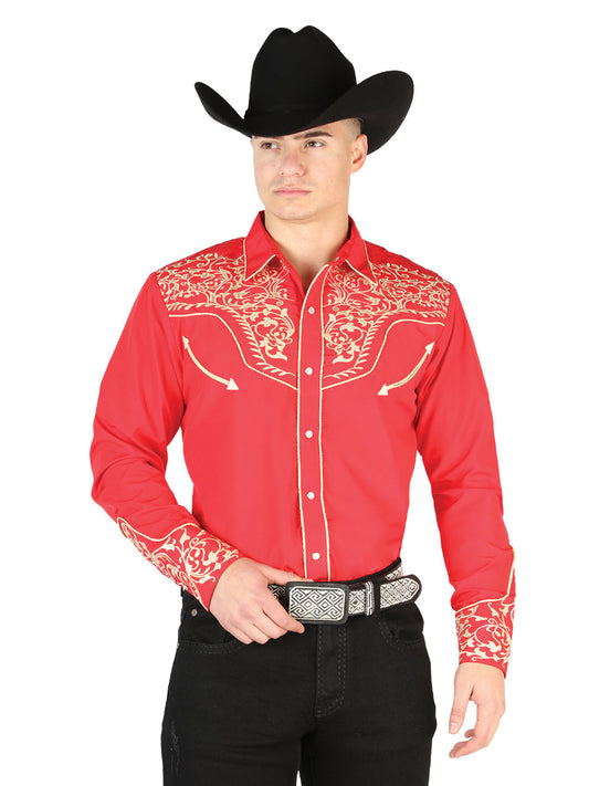 El Senor de los Cielos Men's Embroidery Western Shirt Red/Gold 44197