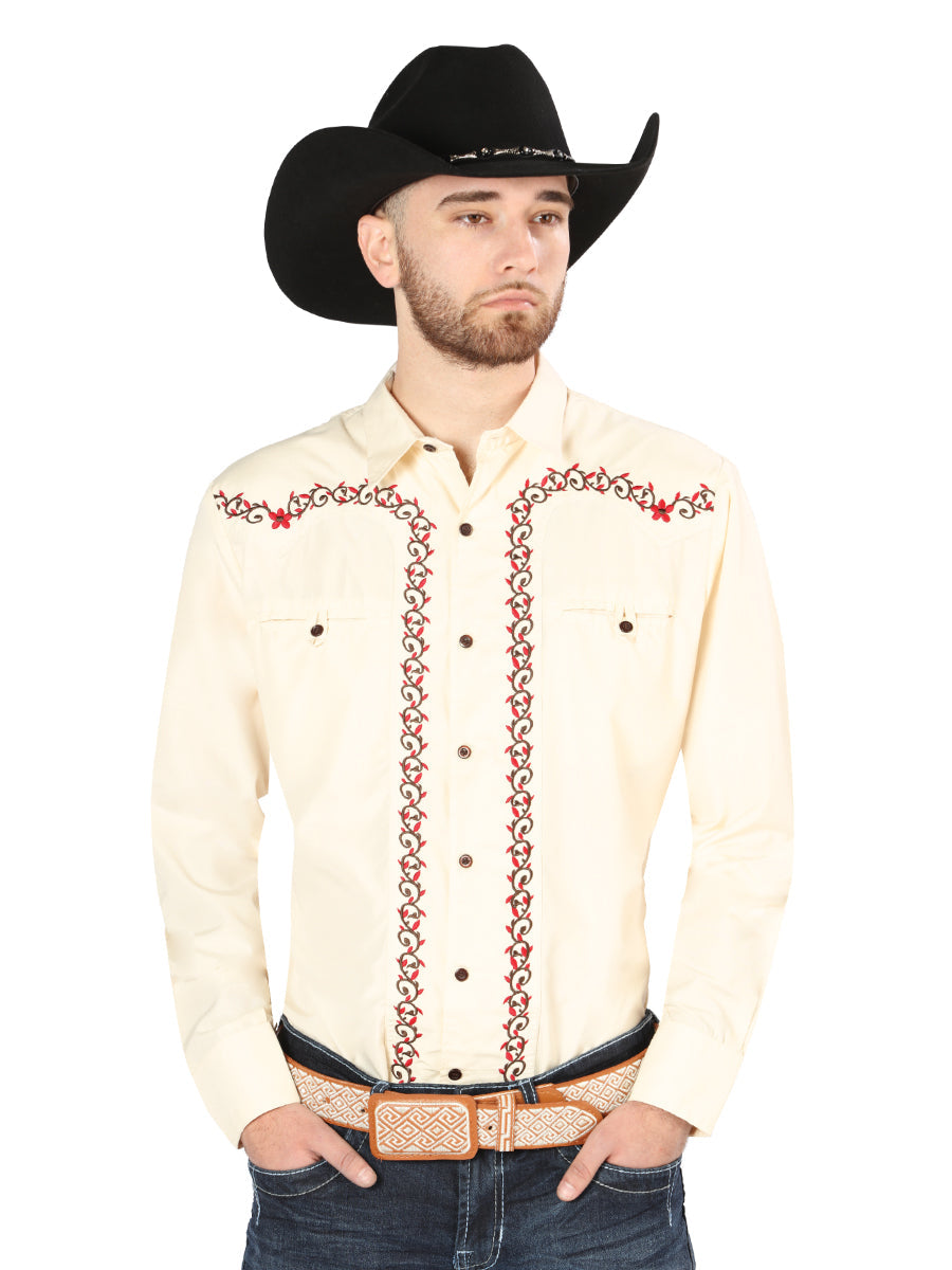 El Senor de los Cielos Men's Embroidery Western Shirt Beige/Red 44201