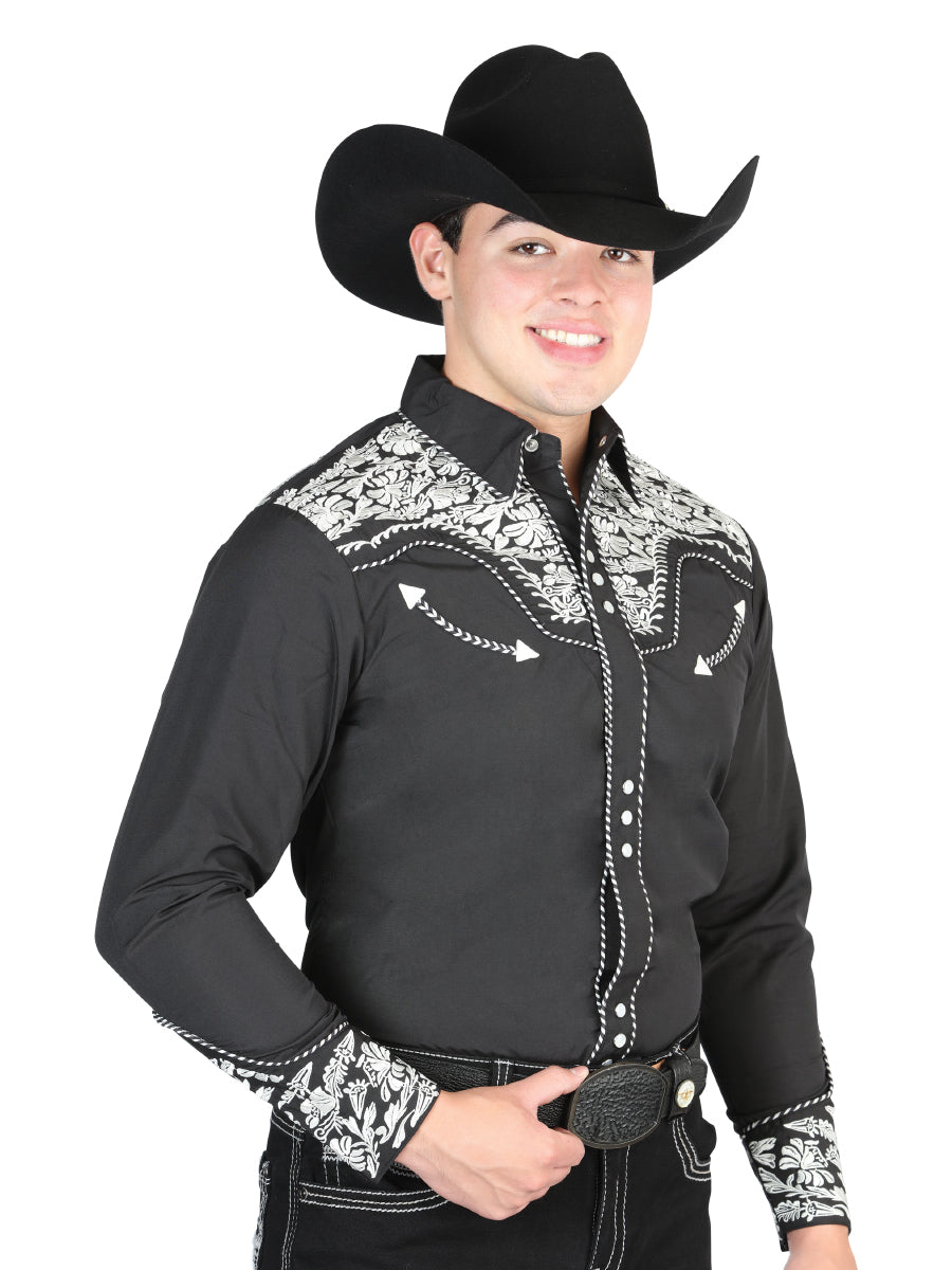 El Señor de los Cielos Traditional Charro Embroidered Shirt – Black/Silver – Style 44333