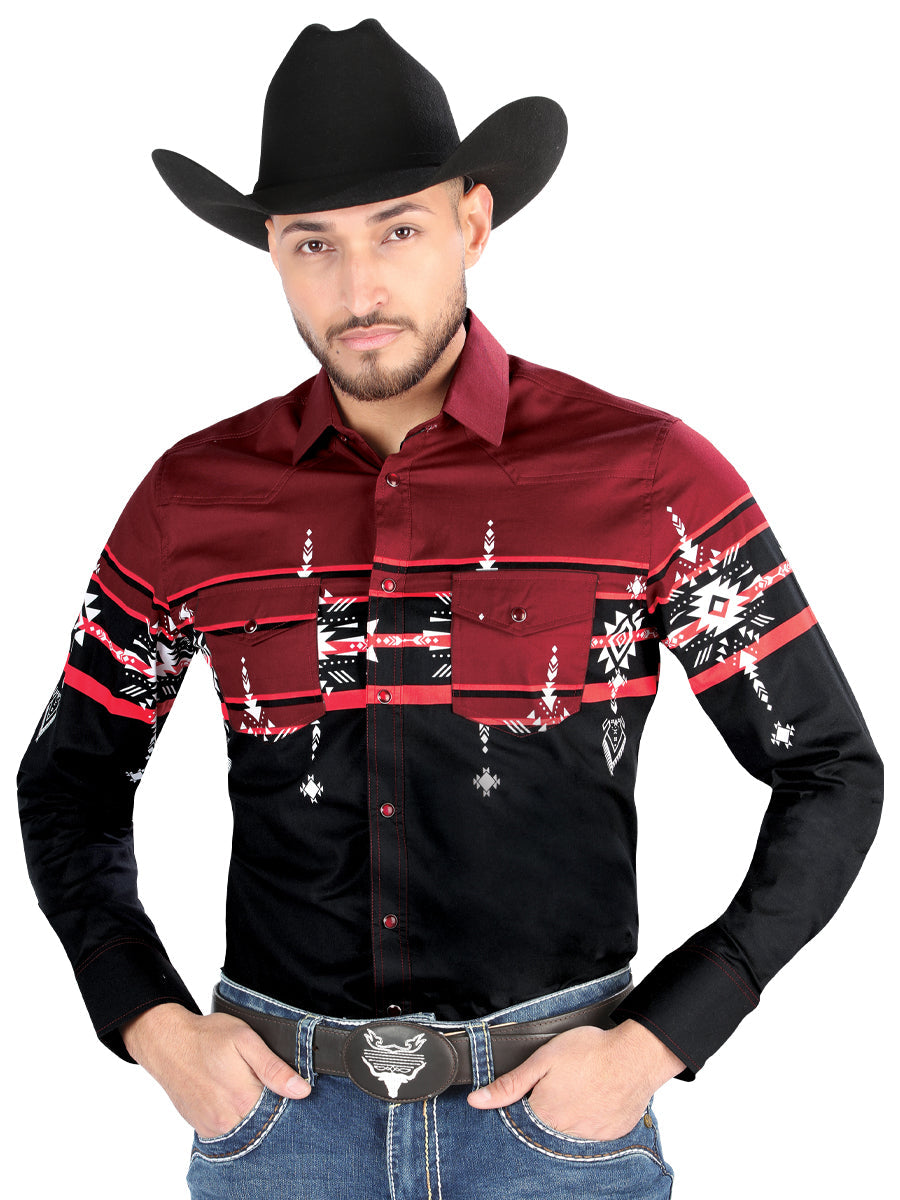 El Señor de los Cielos Western Pearl Snap Long Sleeve Shirt – Black/Burgundy – Style 44454