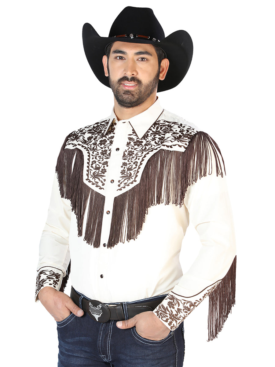 El Señor de los Cielos Fringe Embroidery Shirt Beige/Brown 126710