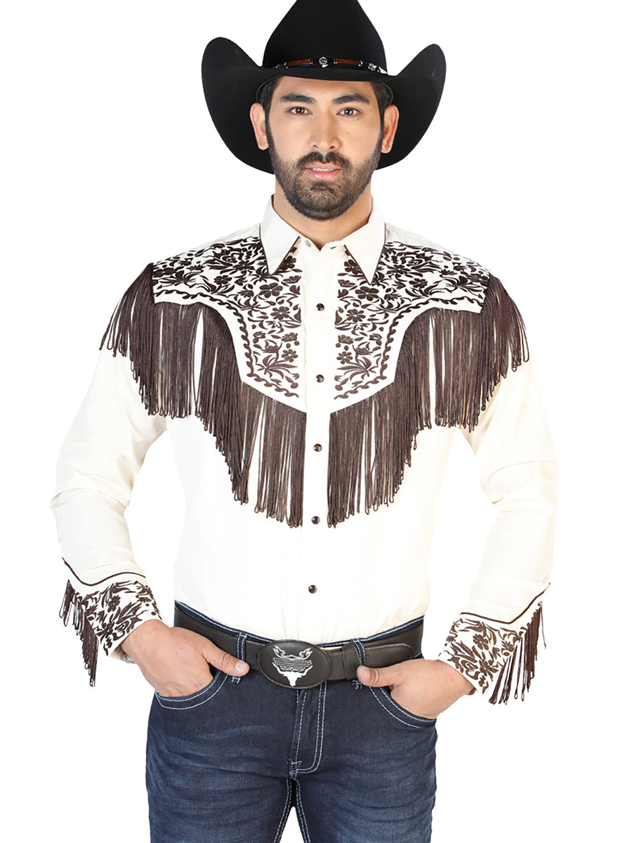 El Señor de los Cielos Fringe Embroidery Shirt Beige/Brown 126710
