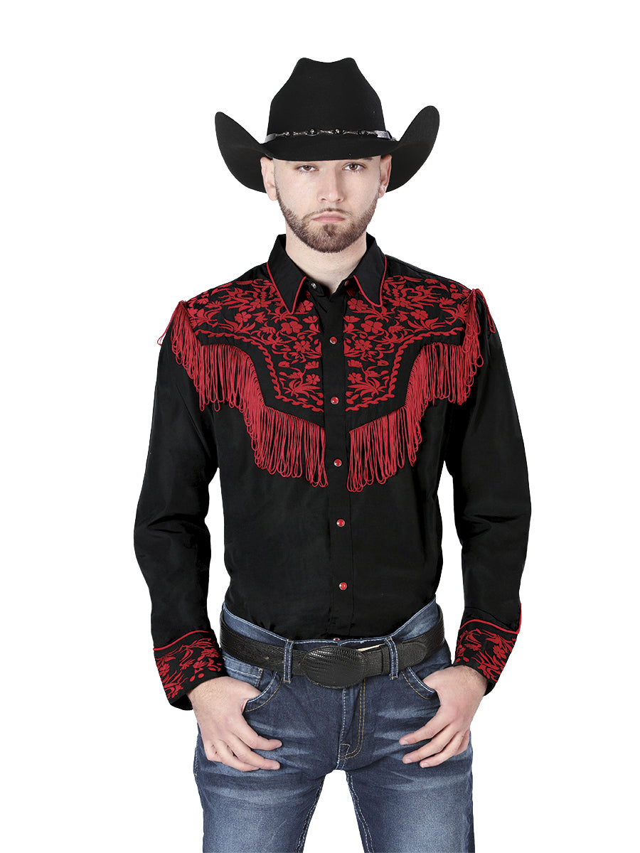 El Señor de los Cielos Fringe Embroidery Shirt Black/Red 126726